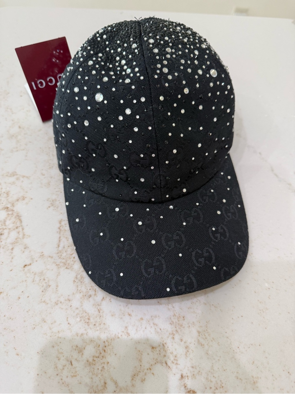 Gucci Black Crystal-Studded Monogram Baseball Cap Small